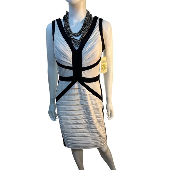 SANGRIA  SLEEVELESS BODYCON PLEATED DRESS IVORY & BLACK MISSY SIZE 10 NWT - Picture 1 of 9